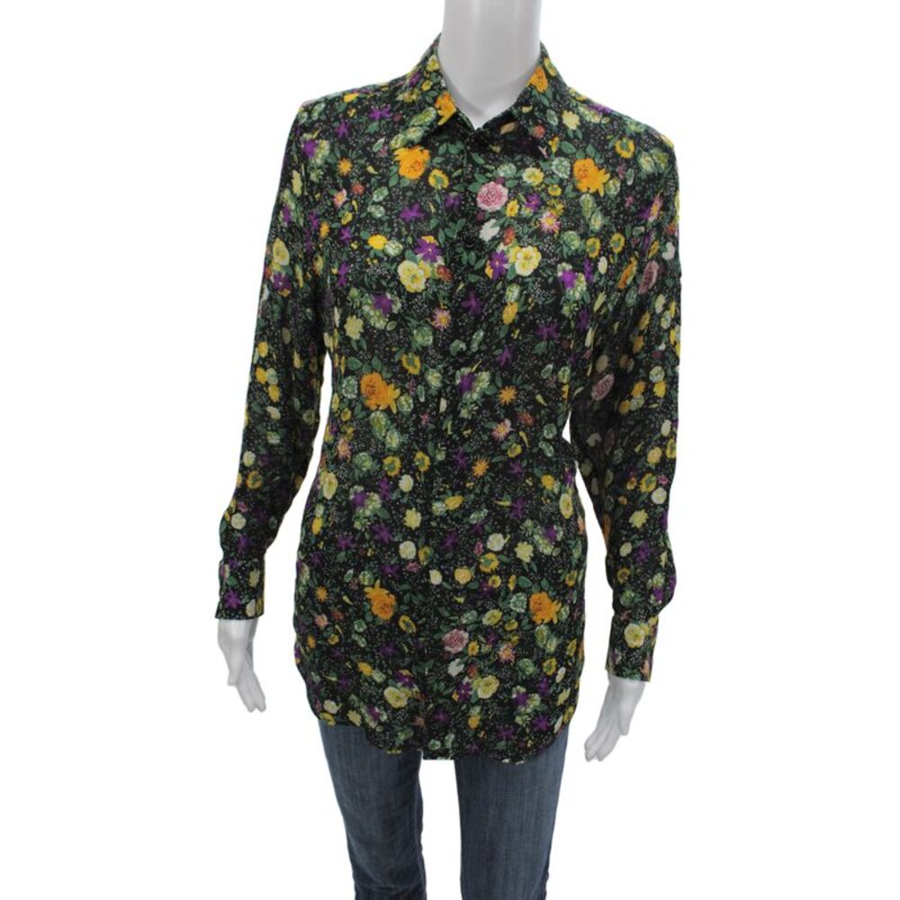 Celine Womens Black Floral Collared Long Sleeve Tunic Button-Up Size 38